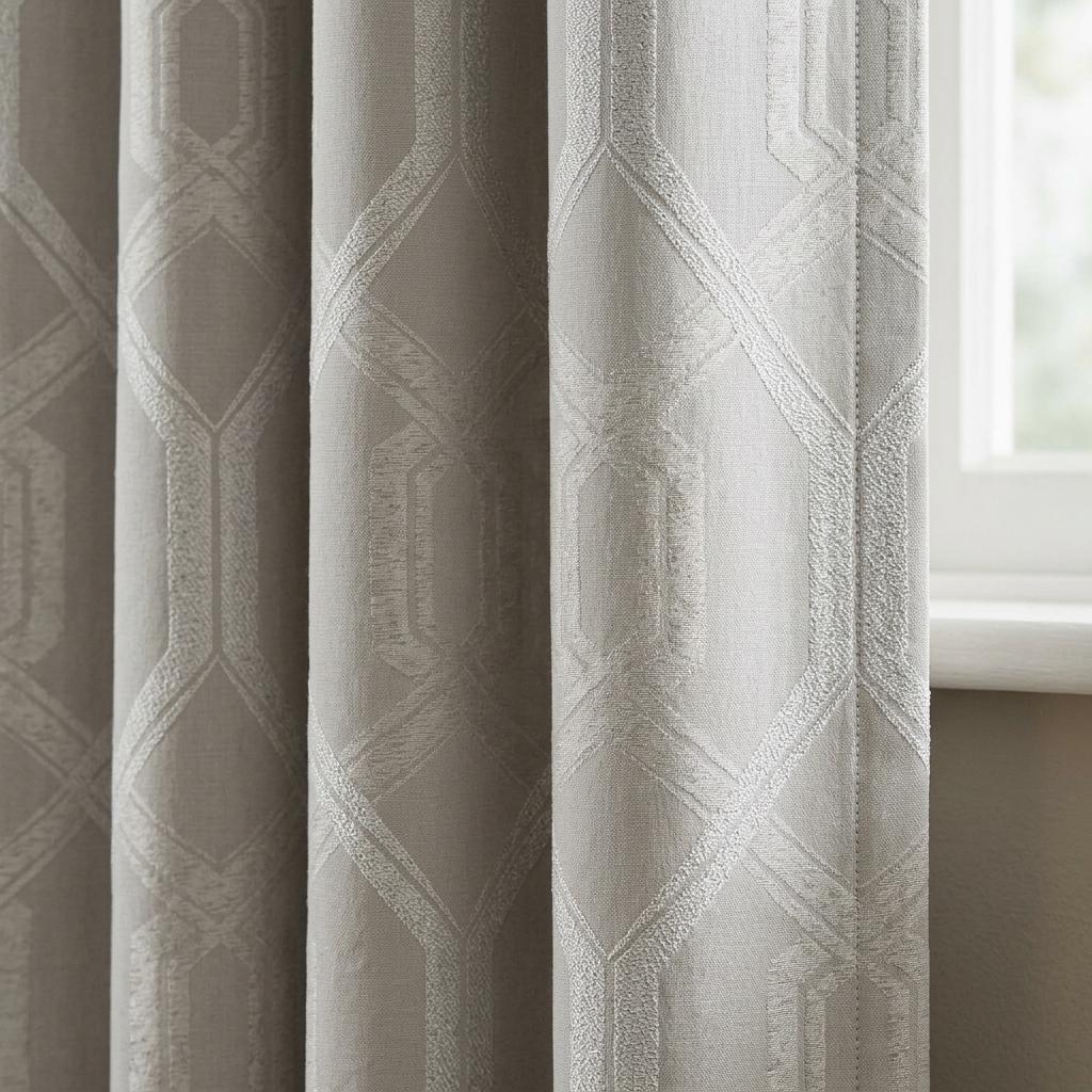 Greige Pure Linen Jacquard Curtains, Ivory Art Deco Geometric Drapes, Custom Extra Long Blackout Panels — image 1