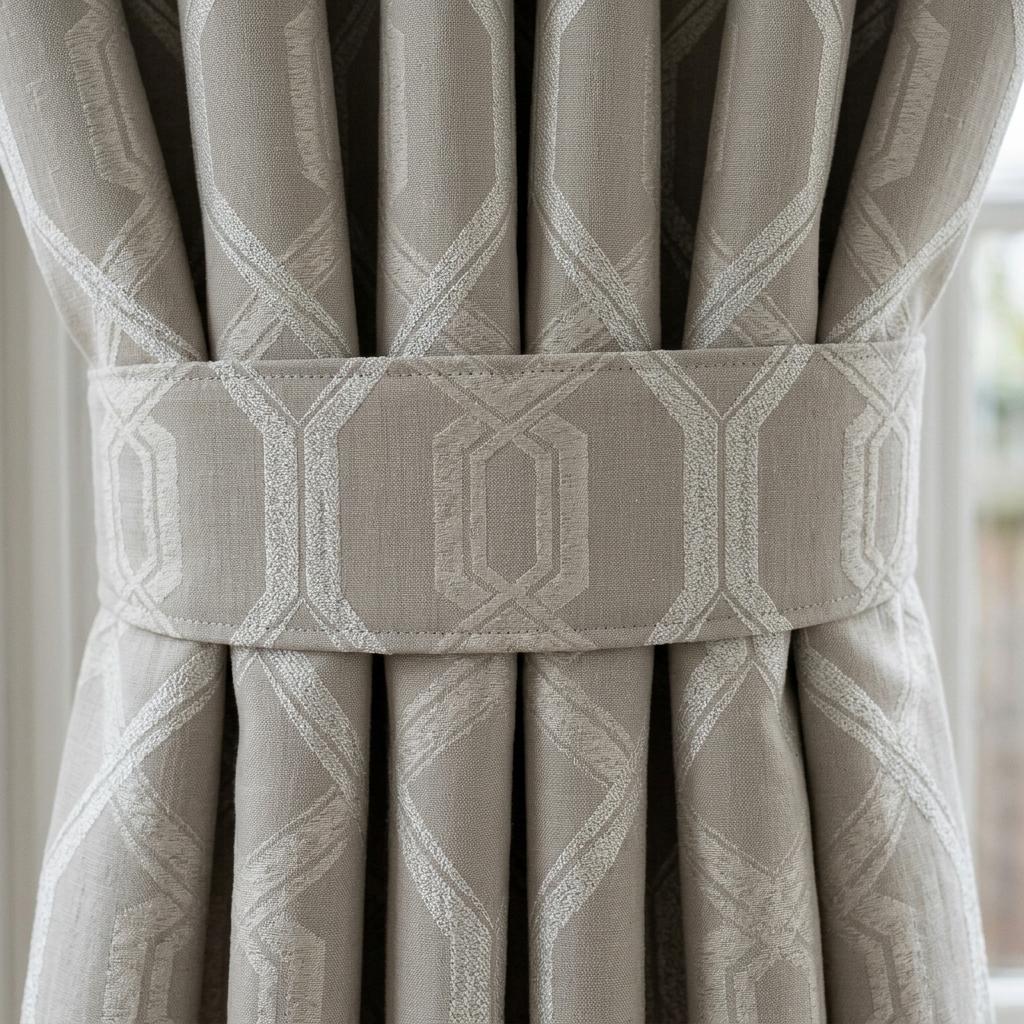 Greige Pure Linen Jacquard Curtains, Ivory Art Deco Geometric Drapes, Custom Extra Long Blackout Panels — image 1
