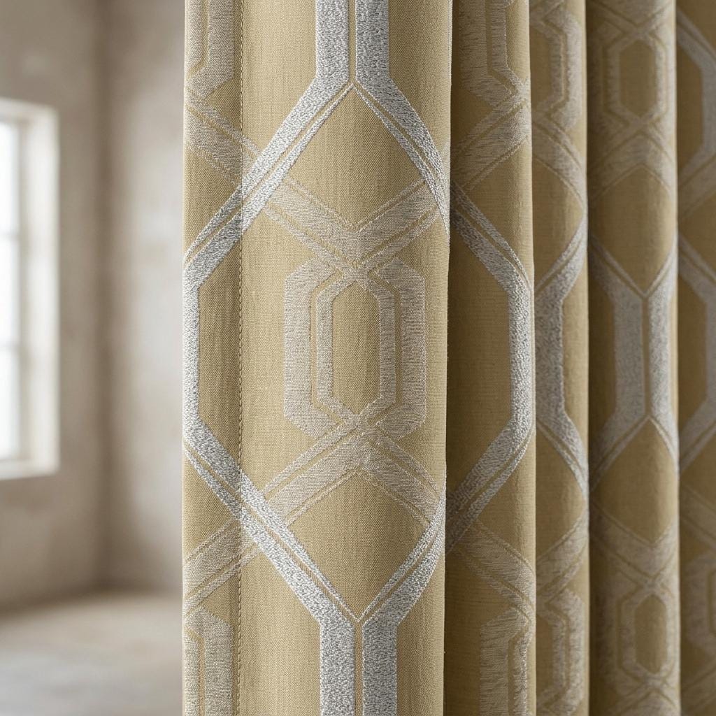 Mustard Gold Pure Linen Jacquard Curtains, Ivory Geometric Art Deco Drapes, Custom Blackout Option — image 1