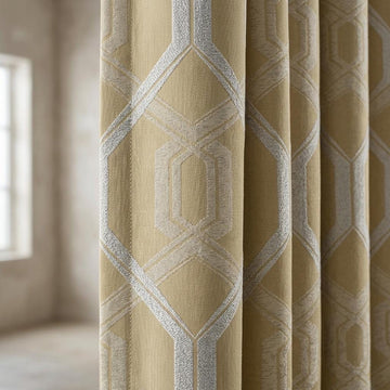 Mustard Gold Pure Linen Jacquard Curtains, Ivory Geometric Art Deco Drapes, Custom Blackout Option — image 1