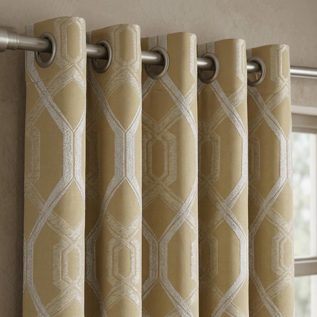 Mustard Gold Pure Linen Jacquard Curtains, Ivory Geometric Art Deco Drapes, Custom Blackout Option — image 3