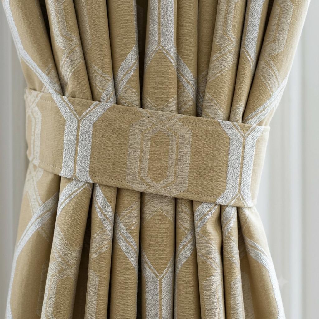 Mustard Gold Pure Linen Jacquard Curtains, Ivory Geometric Art Deco Drapes, Custom Blackout Option — image 1