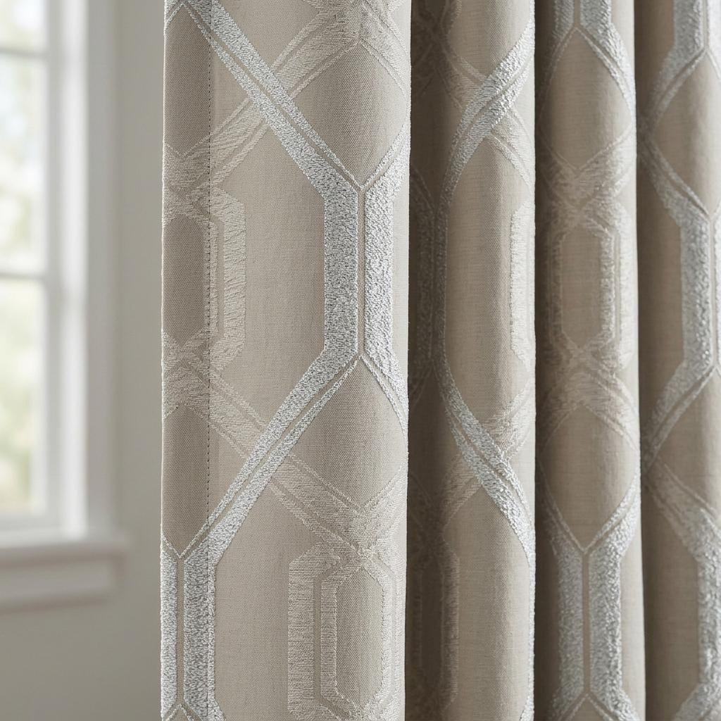 Champagne Beige Pure Linen Jacquard Curtains, Ivory Geometric Art Deco Drapes, Custom Extra Long Blackout Panels — image 1