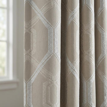 Champagne Beige Pure Linen Jacquard Curtains, Ivory Geometric Art Deco Drapes, Custom Extra Long Blackout Panels — image 1