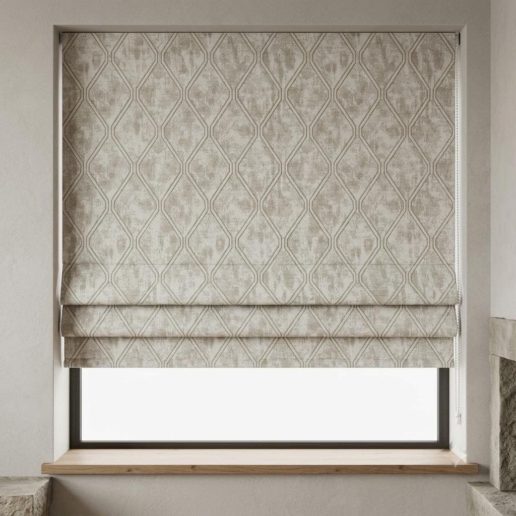 Ivory Beige Linen Roman Shade, Taupe Geometric Trellis Jacquard, Custom Blackout or Light Filtering Blind — image 1