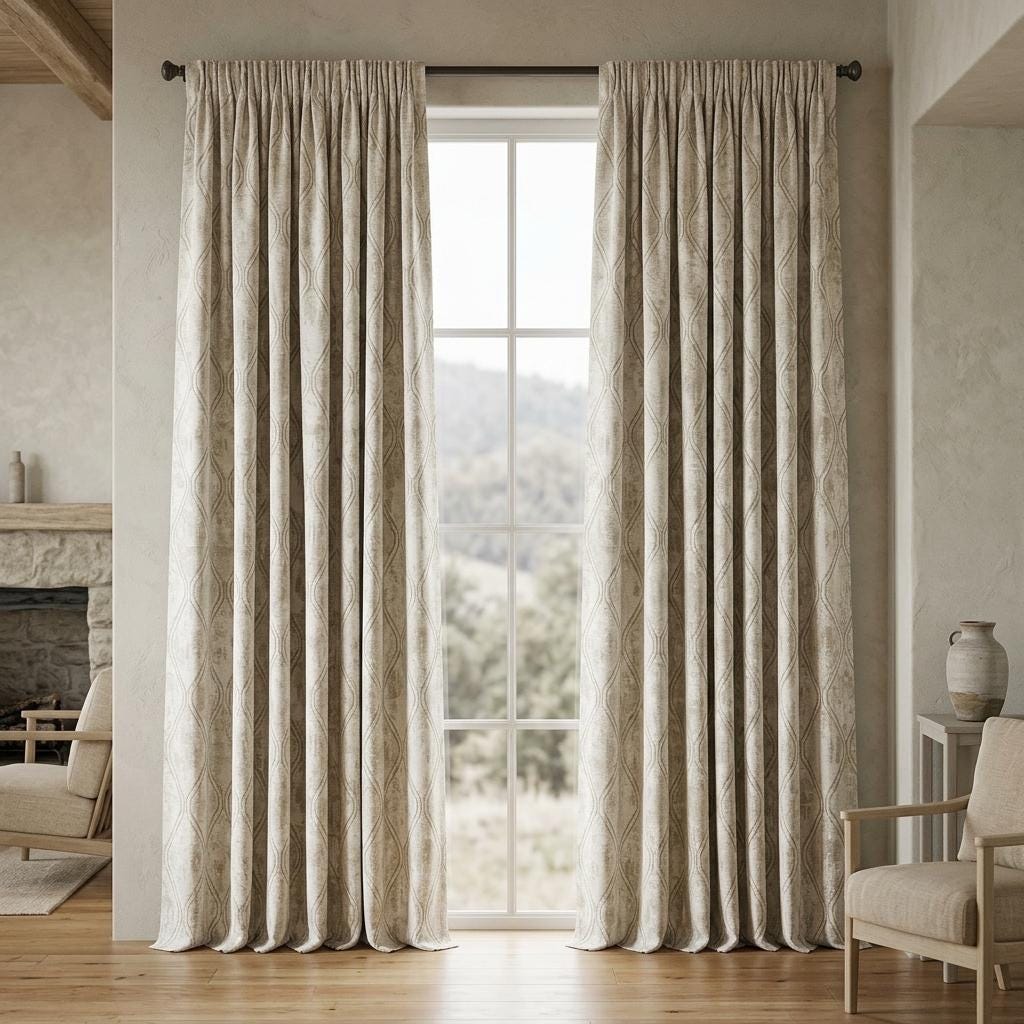 Ivory Taupe Pure Linen Jacquard Curtains, Olive Grey Geometric Trellis Drapes, Custom Extra Long Blackout Panels — image 1
