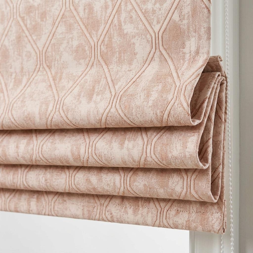 Blush Pink Linen Roman Shade, Dusty Rose Geometric Trellis Jacquard, Custom Blackout Window Blind — image 1