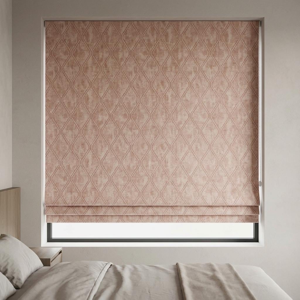 Blush Pink Linen Roman Shade, Dusty Rose Geometric Trellis Jacquard, Custom Blackout Window Blind — image 3