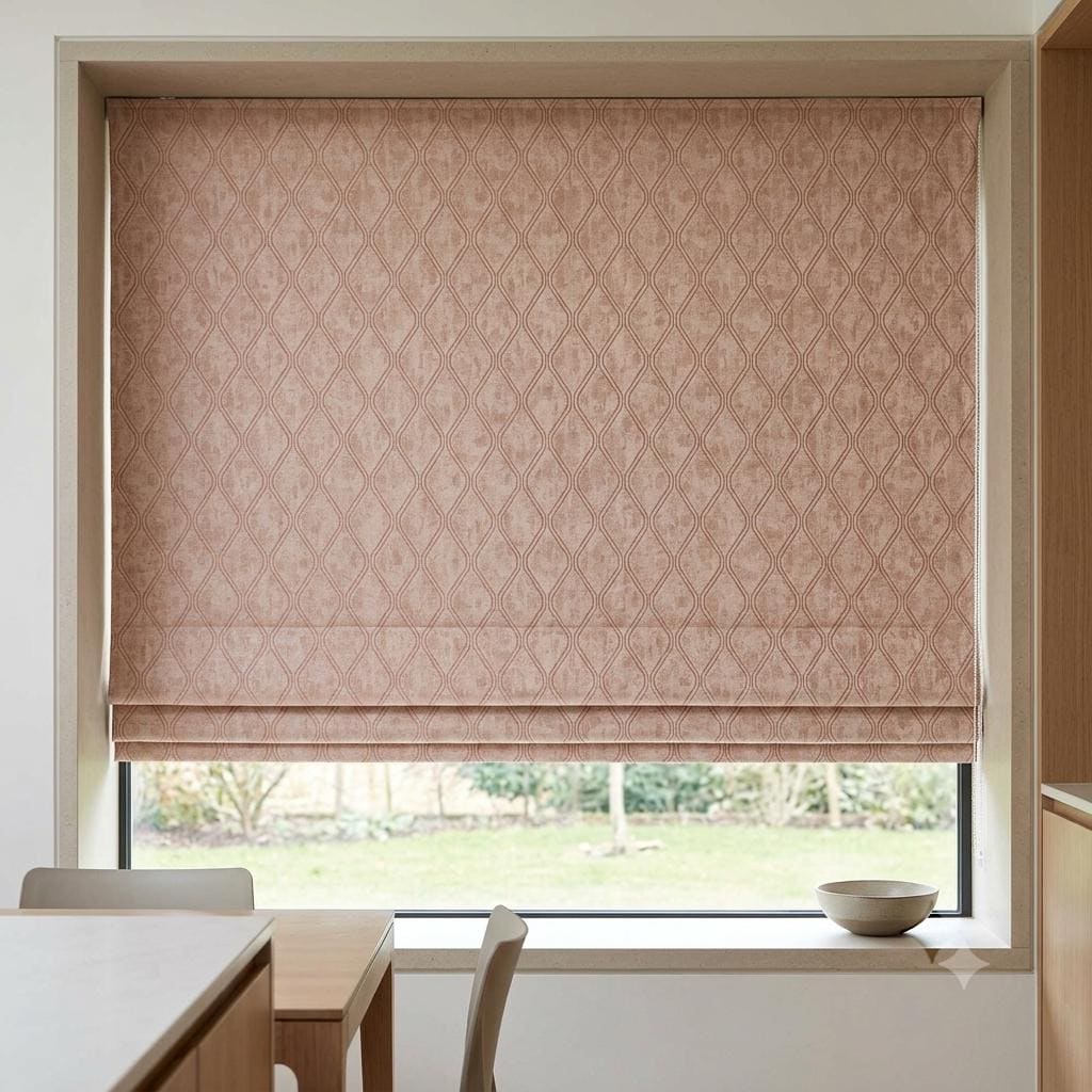 Blush Pink Linen Roman Shade, Dusty Rose Geometric Trellis Jacquard, Custom Blackout Window Blind — image 7