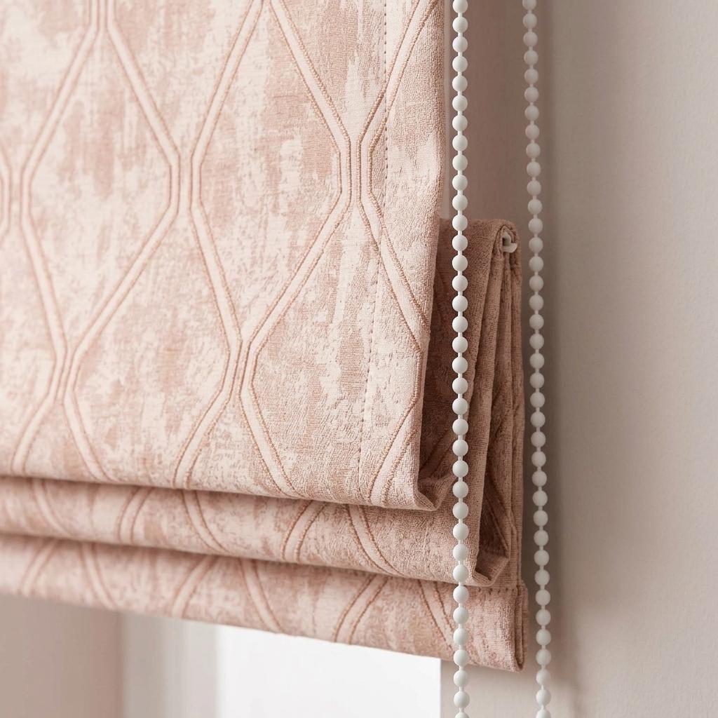 Blush Pink Linen Roman Shade, Dusty Rose Geometric Trellis Jacquard, Custom Blackout Window Blind — image 4