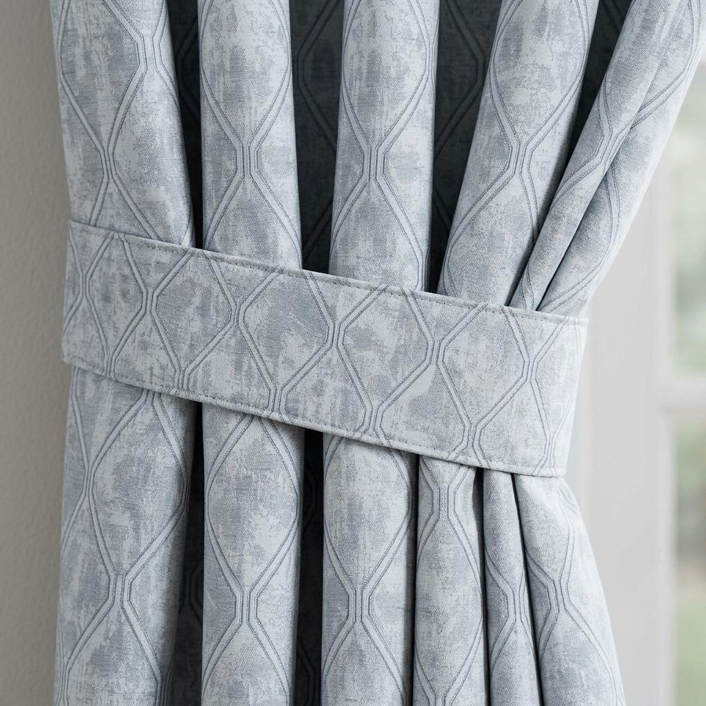 Powder Blue Pure Linen Jacquard Curtains, Silver Grey Geometric Trellis Drapes, Custom Extra Long Blackout Option — image 2