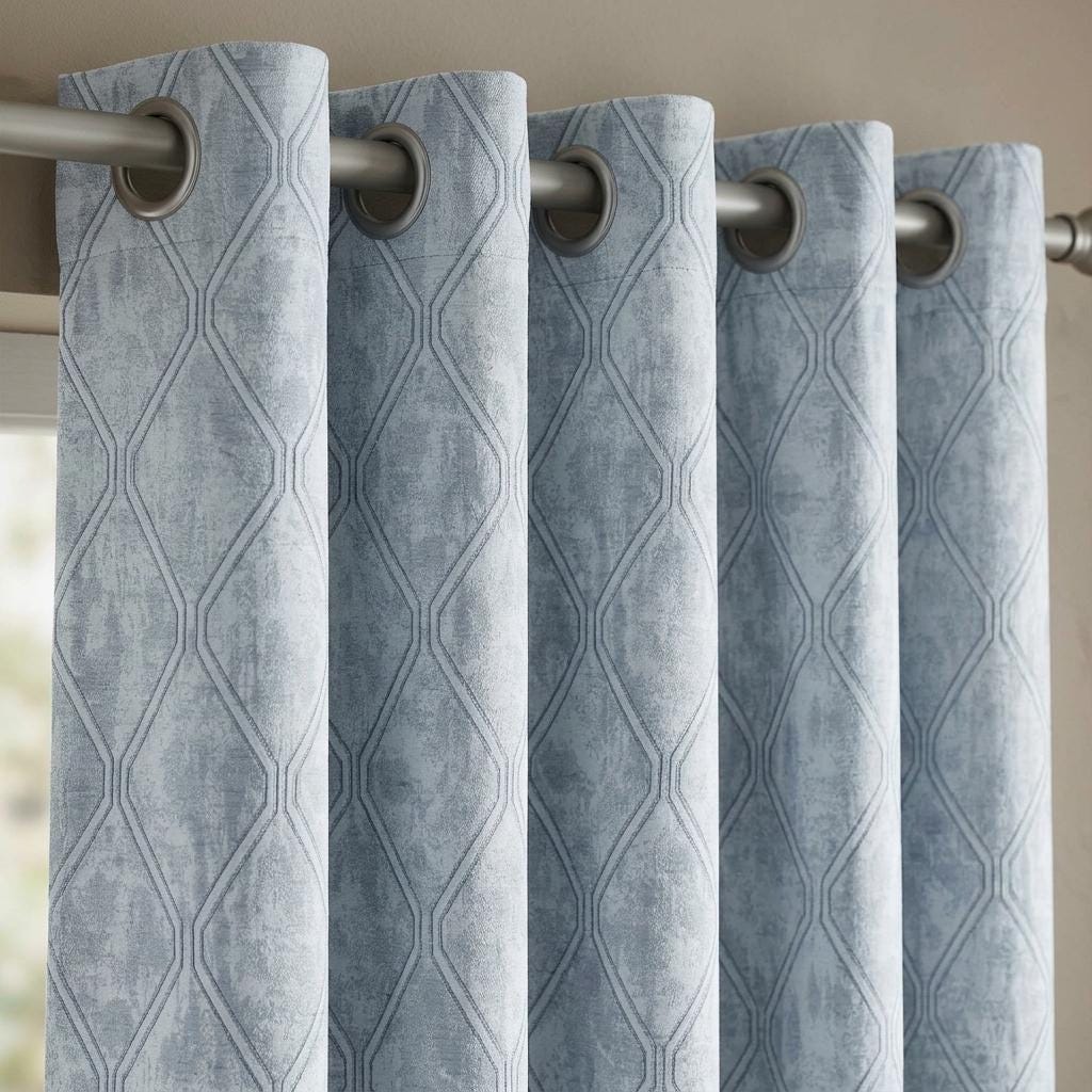 Powder Blue Pure Linen Jacquard Curtains, Silver Grey Geometric Trellis Drapes, Custom Extra Long Blackout Option — image 6