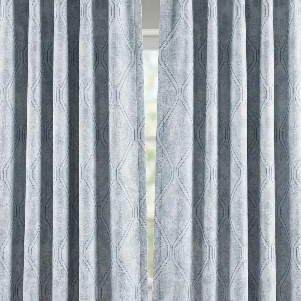Powder Blue Pure Linen Jacquard Curtains, Silver Grey Geometric Trellis Drapes, Custom Extra Long Blackout Option — image 5