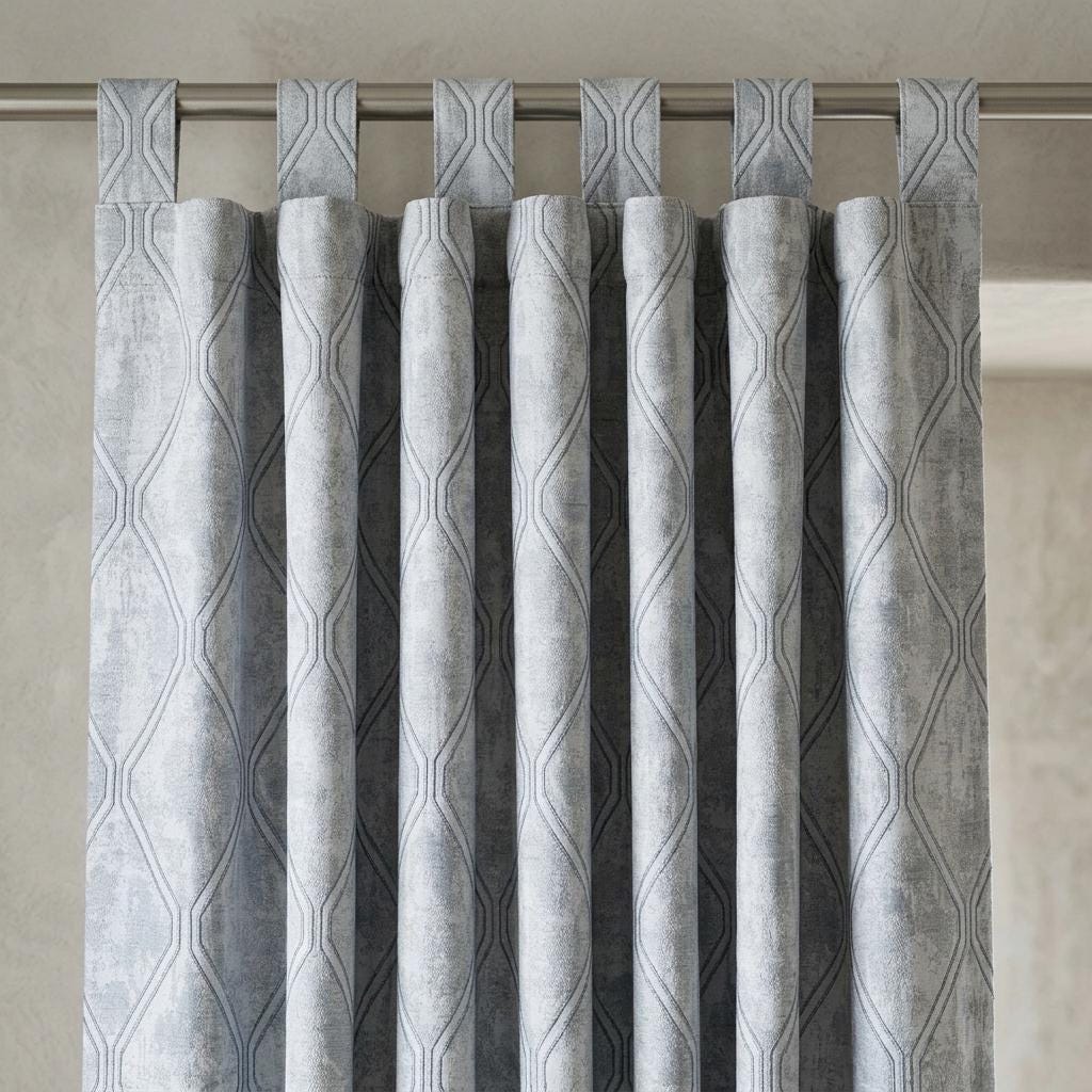 Powder Blue Pure Linen Jacquard Curtains, Silver Grey Geometric Trellis Drapes, Custom Extra Long Blackout Option — image 3