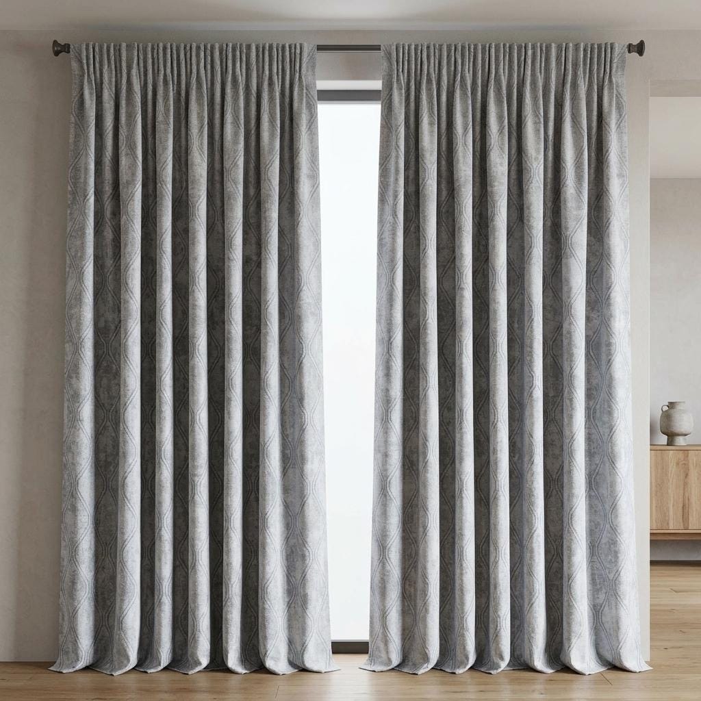 Powder Blue Pure Linen Jacquard Curtains, Silver Grey Geometric Trellis Drapes, Custom Extra Long Blackout Option — image 10