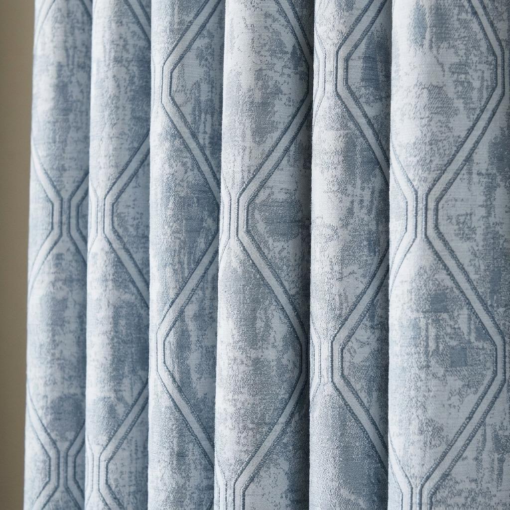 Powder Blue Pure Linen Jacquard Curtains, Silver Grey Geometric Trellis Drapes, Custom Extra Long Blackout Option — image 9
