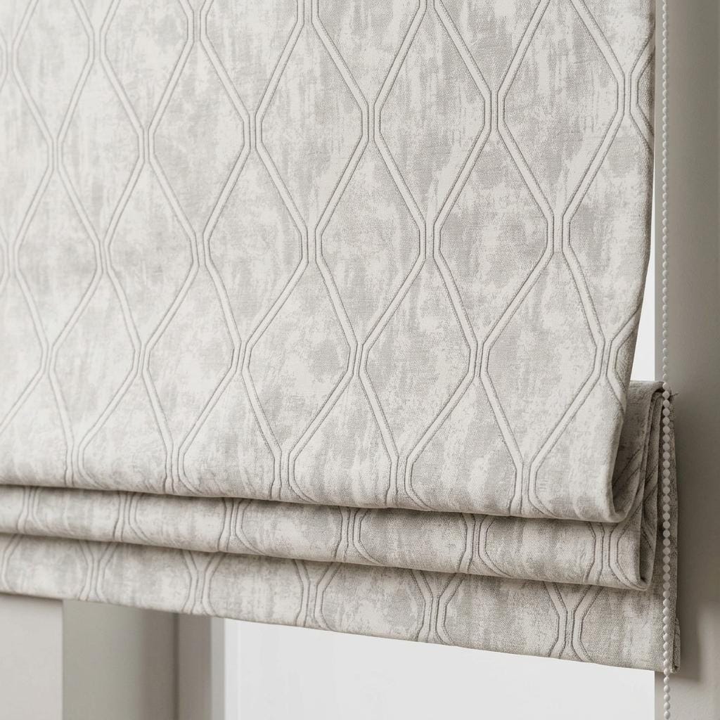 Ivory Greige Pure Linen Roman Shade, Geometric Trellis Jacquard, Custom Blackout or Light Filtering Window Blind — image 1