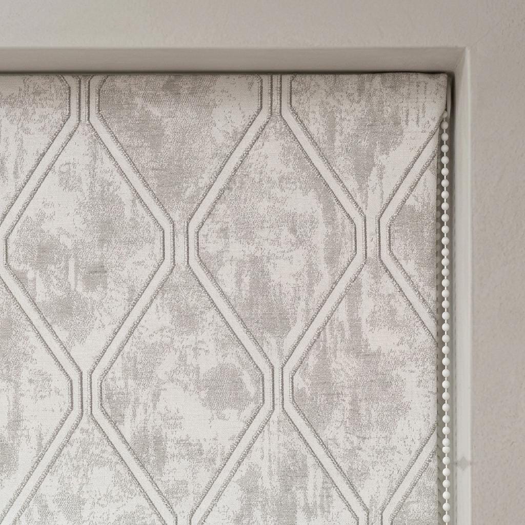 Ivory Greige Pure Linen Roman Shade, Geometric Trellis Jacquard, Custom Blackout or Light Filtering Window Blind — image 2