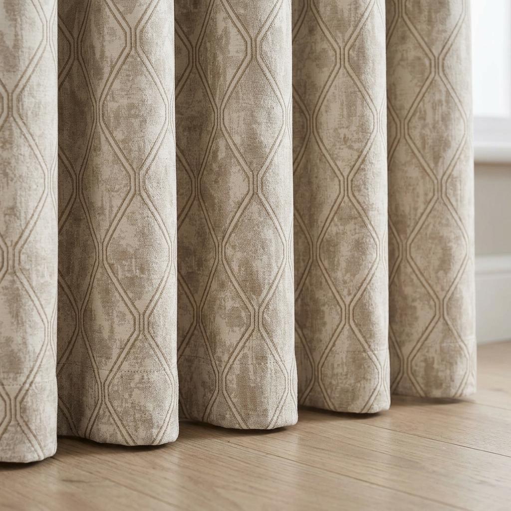 Ivory Beige Pure Linen Jacquard Curtains, Antique Gold Geometric Trellis, Extra Long Blackout Panels — image 5