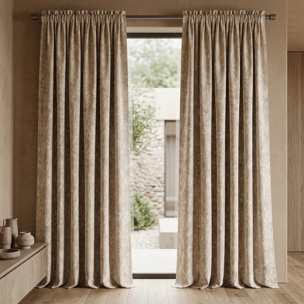 Ivory Beige Pure Linen Jacquard Curtains, Antique Gold Geometric Trellis, Extra Long Blackout Panels — image 4