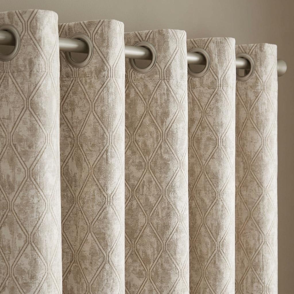 Ivory Beige Pure Linen Jacquard Curtains, Antique Gold Geometric Trellis, Extra Long Blackout Panels — image 8