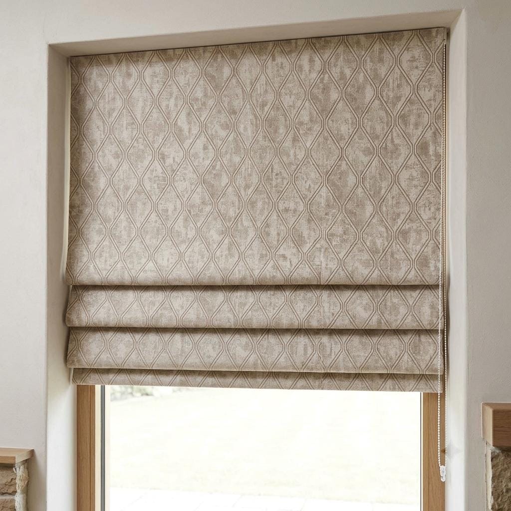 Ivory Beige Linen Roman Shade, Taupe Trellis Jacquard, Custom Blackout or Light Filtering Blind — image 8