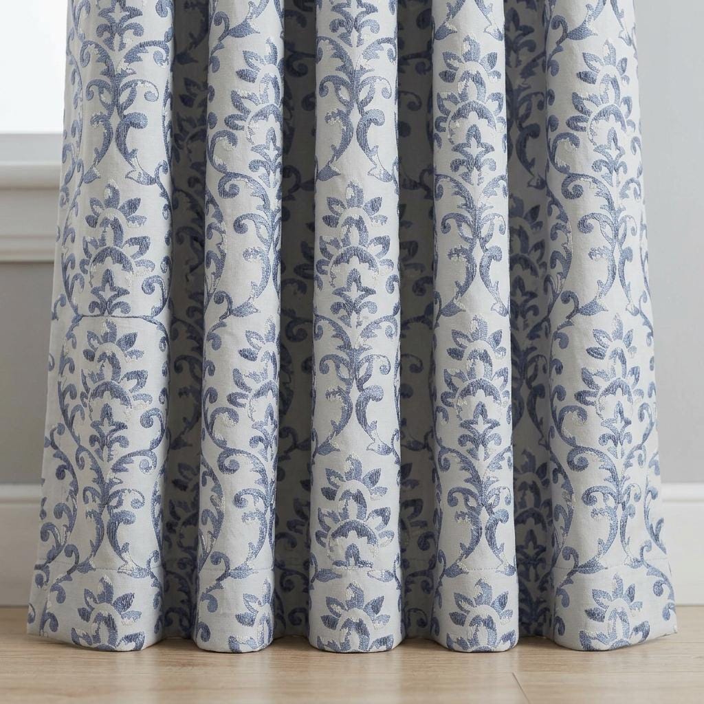 Powder Blue Pure Linen Embroidered Curtains, Ivory Floral Damask Drapes, French Country Custom Extra Long Blackout Panels — image 3