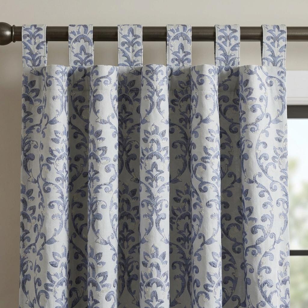 Powder Blue Pure Linen Embroidered Curtains, Ivory Floral Damask Drapes, French Country Custom Extra Long Blackout Panels — image 2