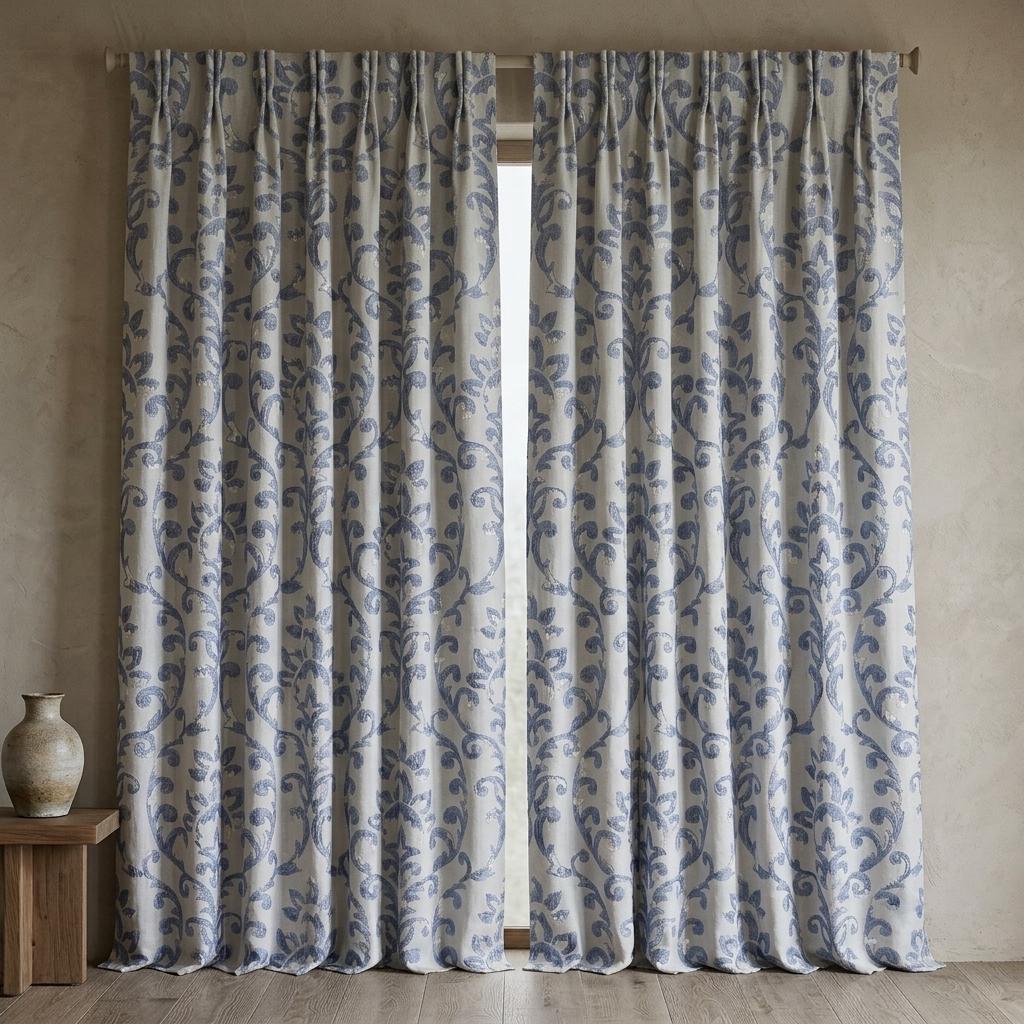 Powder Blue Pure Linen Embroidered Curtains, Ivory Floral Damask Drapes, French Country Custom Extra Long Blackout Panels — image 8