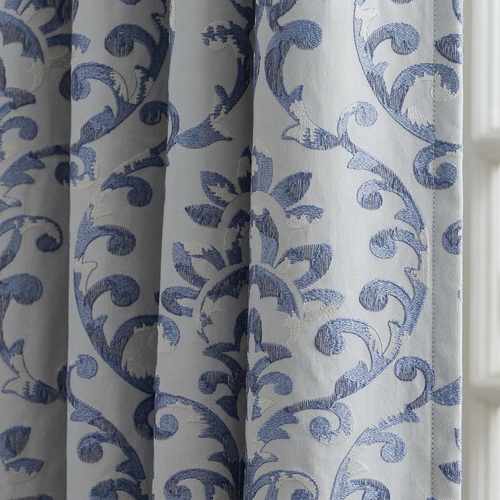 Powder Blue Pure Linen Embroidered Curtains, Ivory Floral Damask Drapes, French Country Custom Extra Long Blackout Panels — image 4