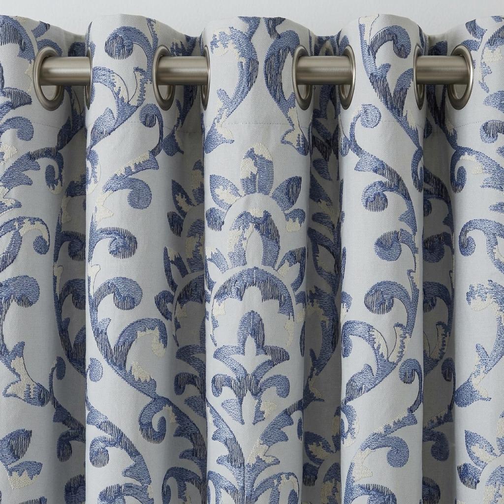 Powder Blue Pure Linen Embroidered Curtains, Ivory Floral Damask Drapes, French Country Custom Extra Long Blackout Panels — image 7