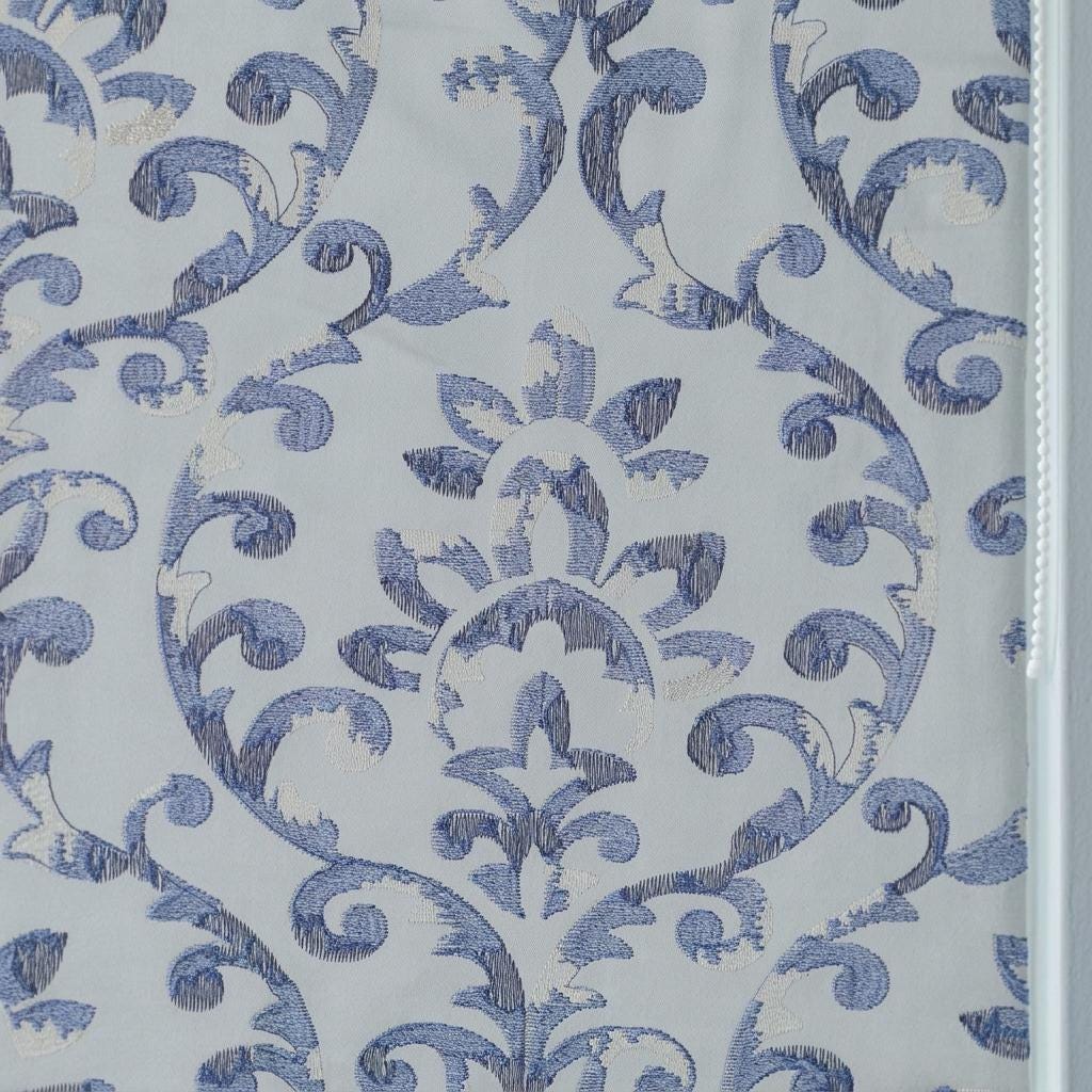 Powder Blue Linen Roman Shade, Navy Floral Damask Embroidery, Custom Blackout or Light Filtering Window Blind — image 9