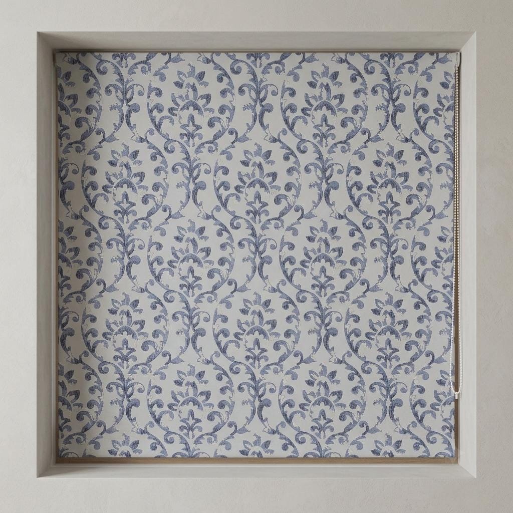 Powder Blue Linen Roman Shade, Navy Floral Damask Embroidery, Custom Blackout or Light Filtering Window Blind — image 3