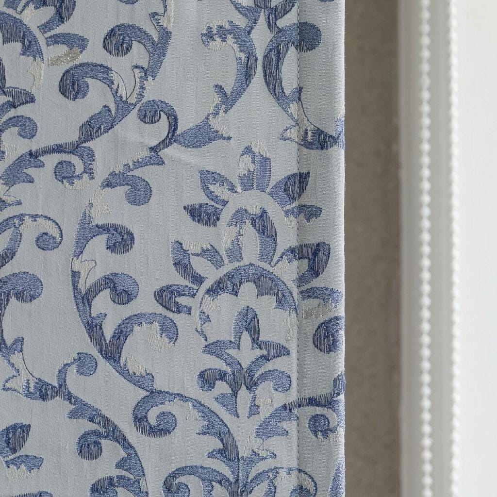Powder Blue Linen Roman Shade, Navy Floral Damask Embroidery, Custom Blackout or Light Filtering Window Blind — image 7
