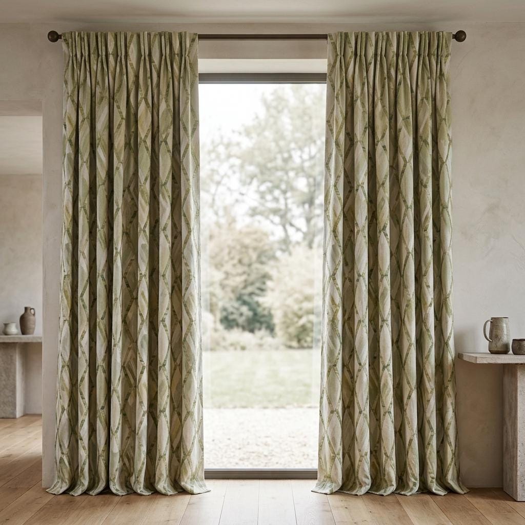 Sage Olive Green Pure Linen Embroidered Curtains, Geometric Trellis Drapes, Custom Extra Long Blackout Panels — image 7