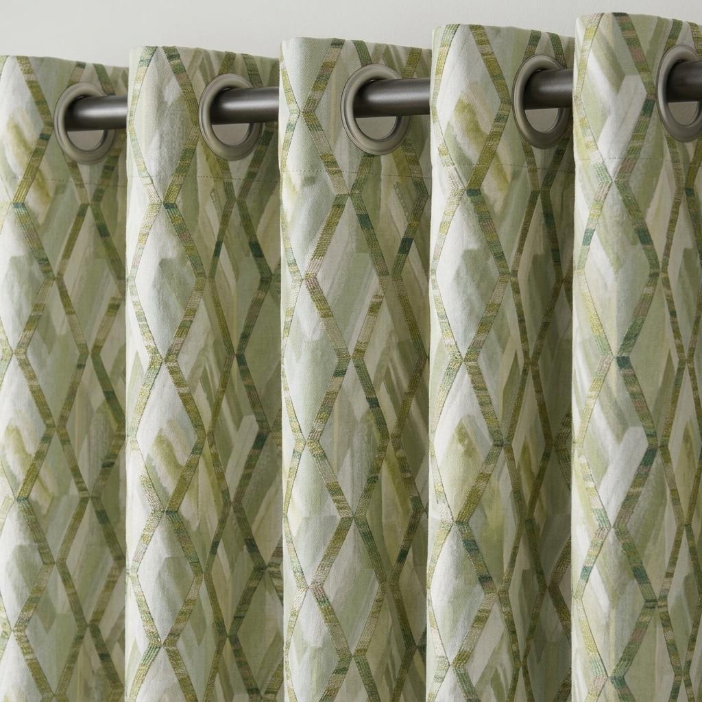 Sage Olive Green Pure Linen Embroidered Curtains, Geometric Trellis Drapes, Custom Extra Long Blackout Panels — image 6