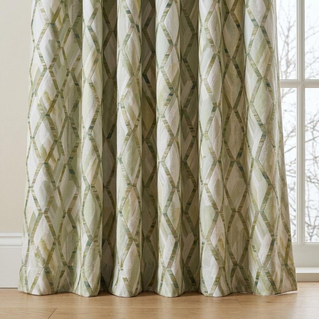 Sage Olive Green Pure Linen Embroidered Curtains, Geometric Trellis Drapes, Custom Extra Long Blackout Panels — image 4
