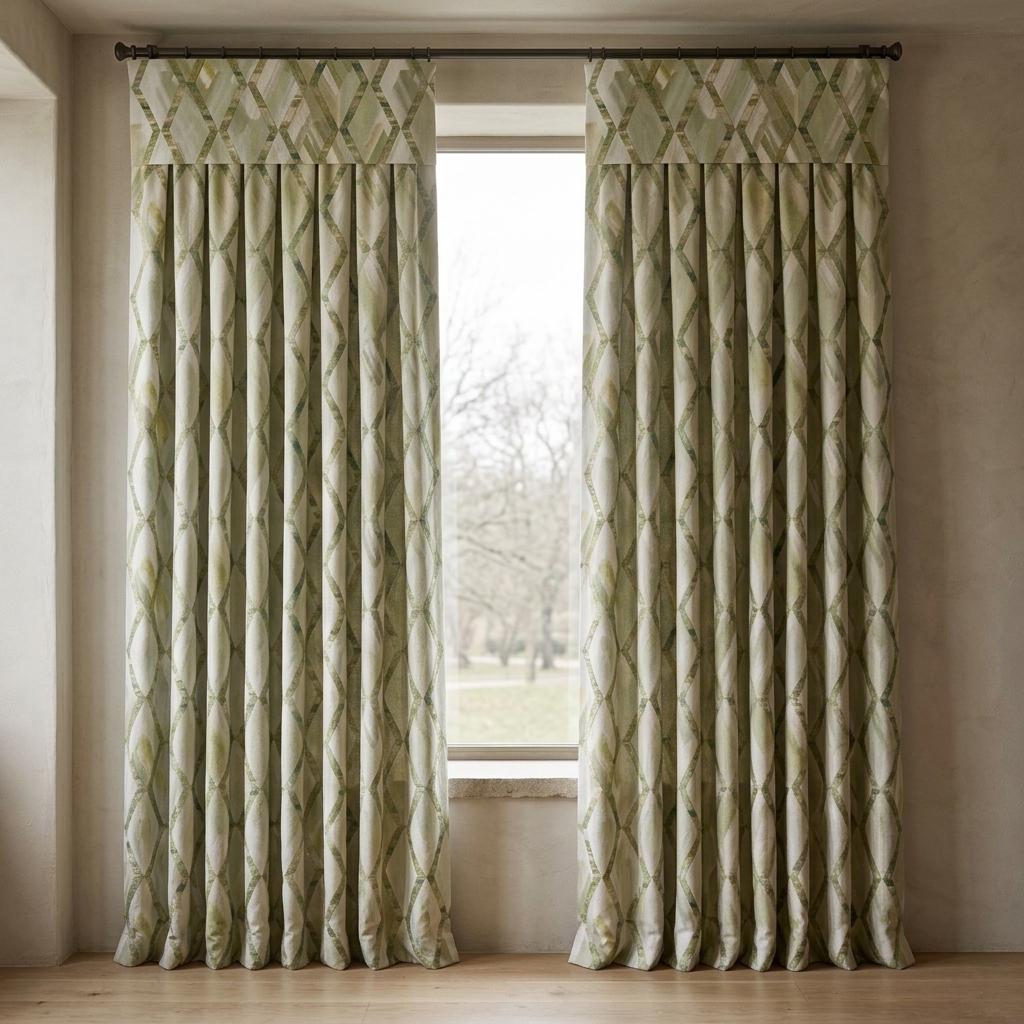 Sage Olive Green Pure Linen Embroidered Curtains, Geometric Trellis Drapes, Custom Extra Long Blackout Panels — image 5
