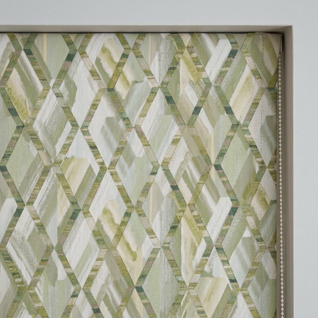 Sage Green & Ivory Linen Roman Shade, Olive Geometric Embroidered Trellis, Custom Blackout or Light Filtering Window Blind — image 5