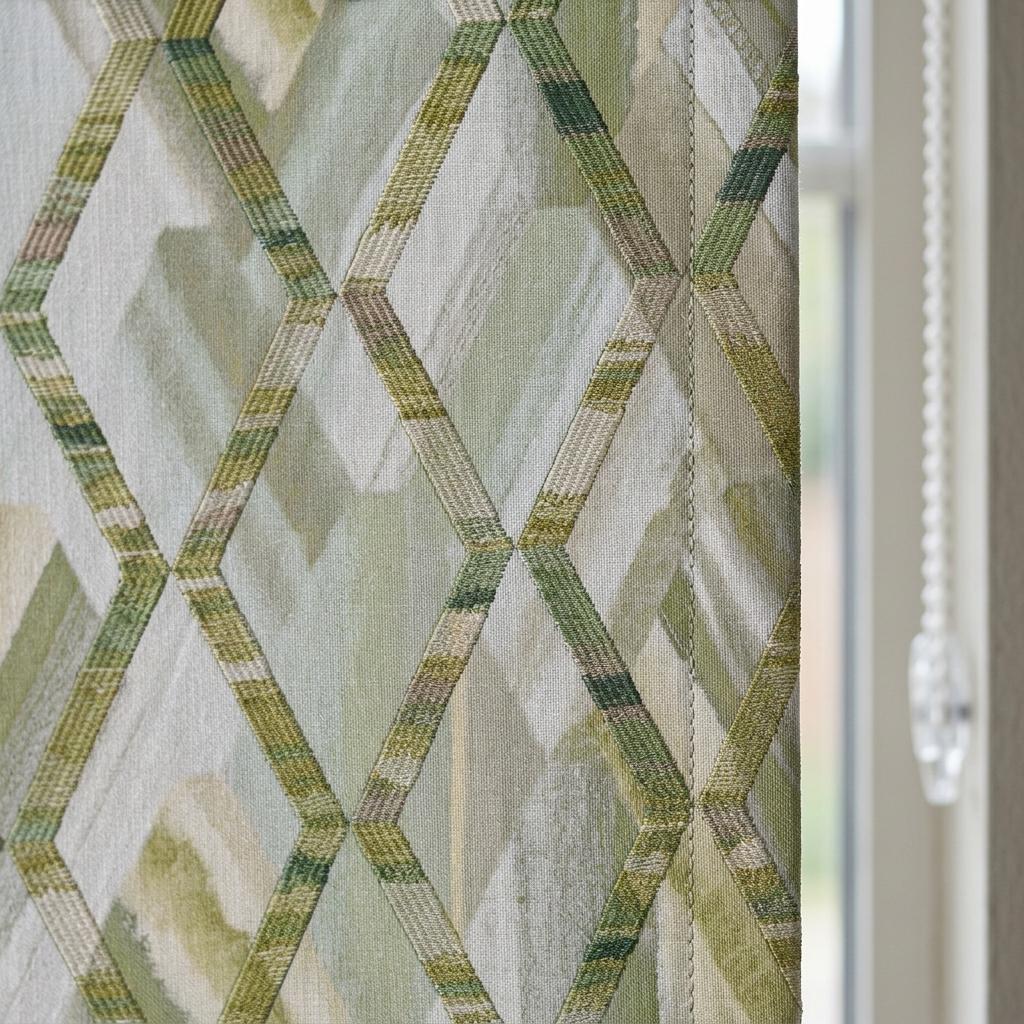 Sage Green & Ivory Linen Roman Shade, Olive Geometric Embroidered Trellis, Custom Blackout or Light Filtering Window Blind — image 6
