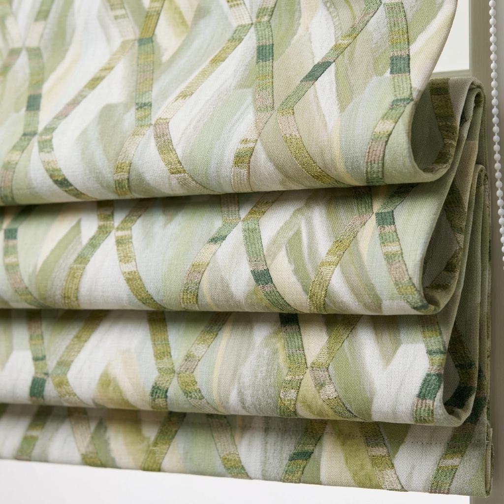 Sage Green & Ivory Linen Roman Shade, Olive Geometric Embroidered Trellis, Custom Blackout or Light Filtering Window Blind — image 8