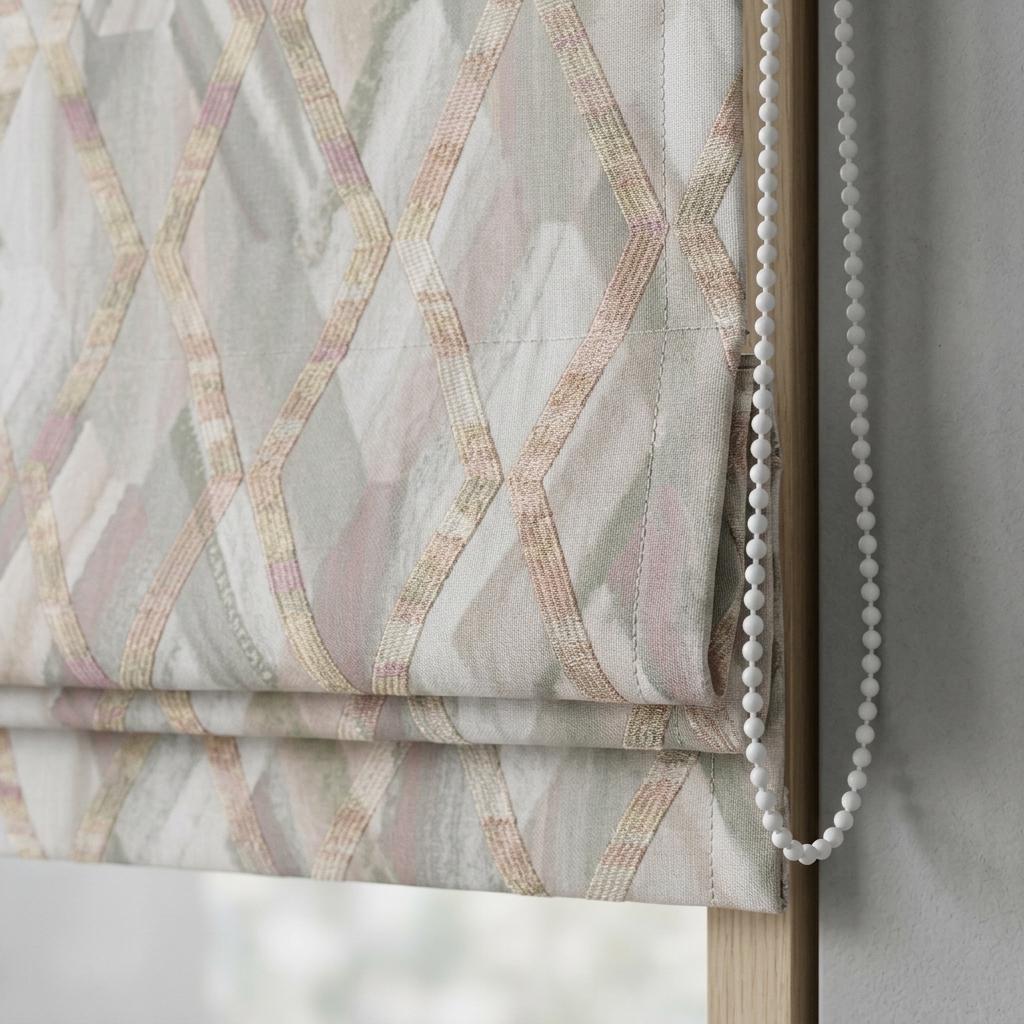 Blush Pink & Gray Linen Roman Shade, Geometric Embroidered Trellis, Custom Blackout or Light Filtering Blind — image 4