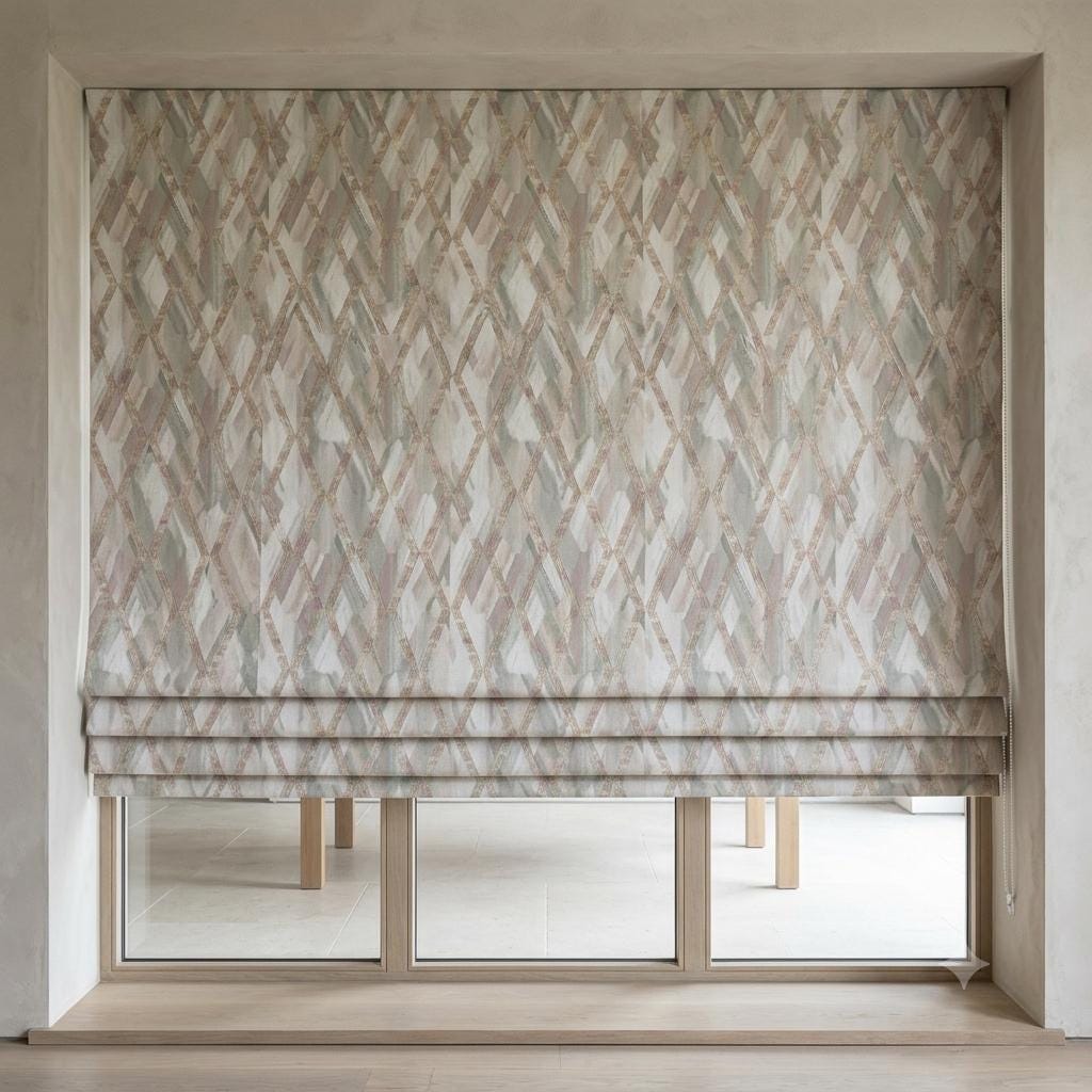 Blush Pink & Gray Linen Roman Shade, Geometric Embroidered Trellis, Custom Blackout or Light Filtering Blind — image 6