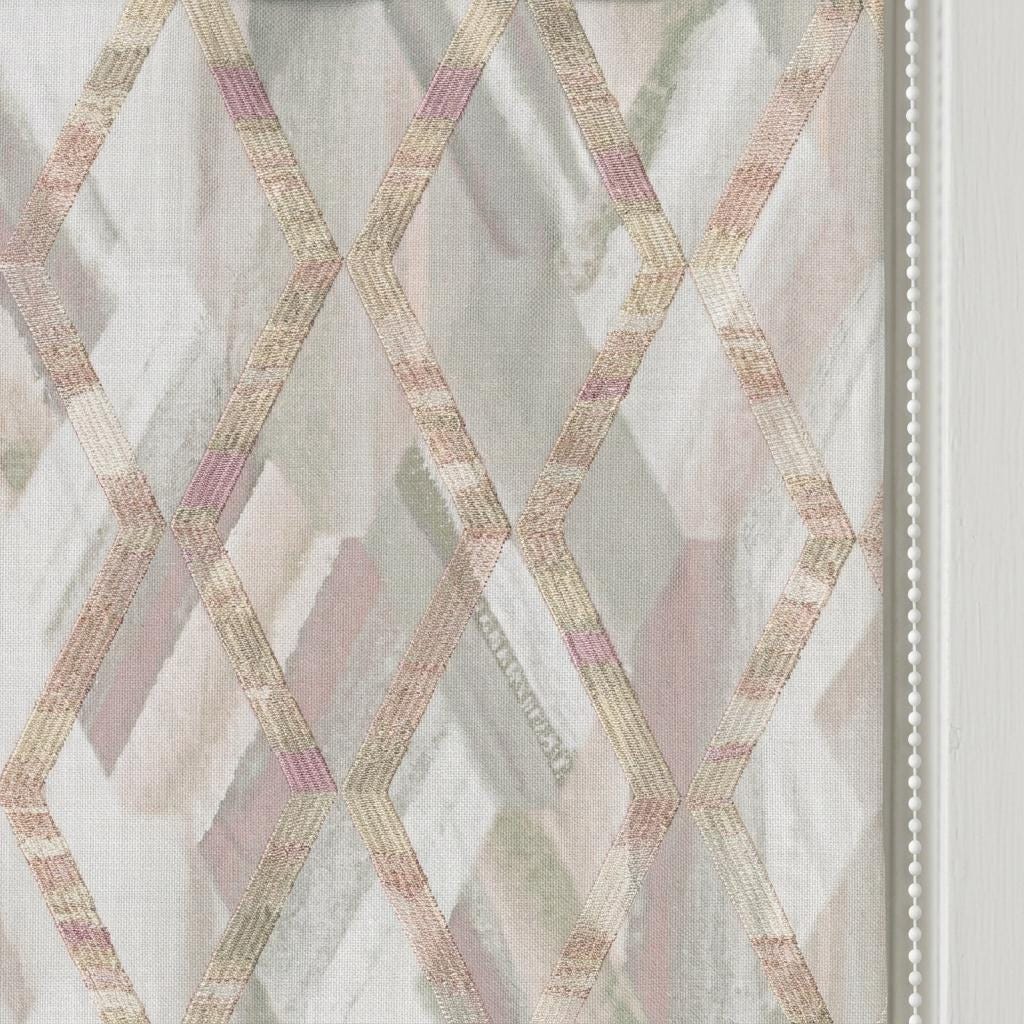 Blush Pink & Gray Linen Roman Shade, Geometric Embroidered Trellis, Custom Blackout or Light Filtering Blind — image 3