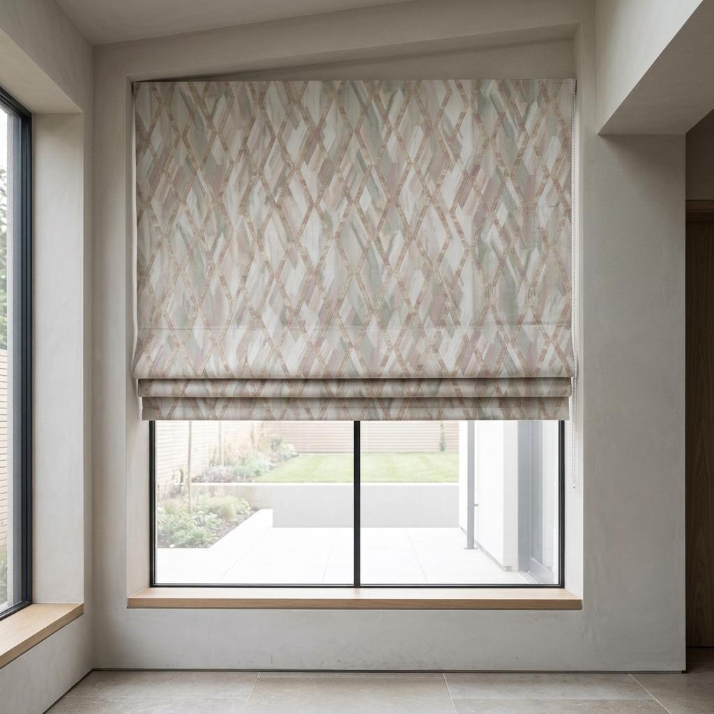 Blush Pink & Gray Linen Roman Shade, Geometric Embroidered Trellis, Custom Blackout or Light Filtering Blind — image 1