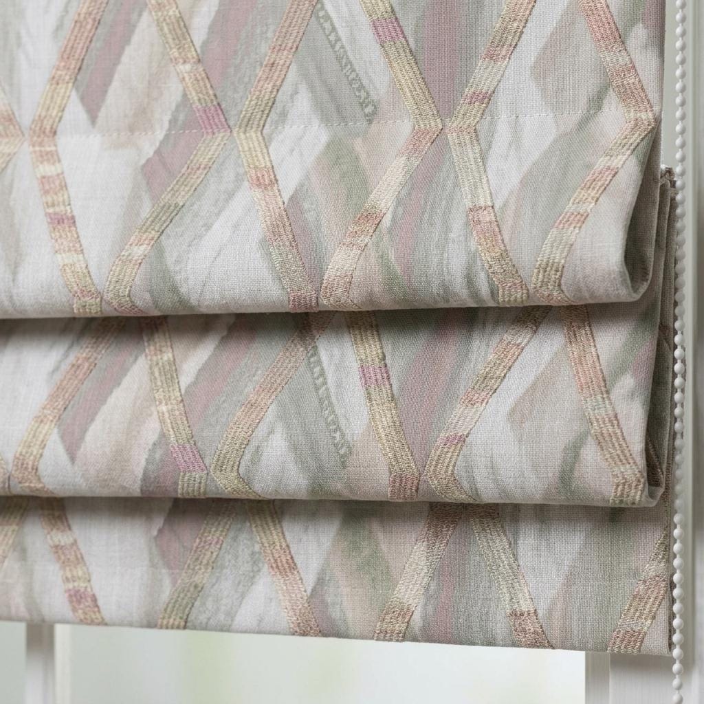 Blush Pink & Gray Linen Roman Shade, Geometric Embroidered Trellis, Custom Blackout or Light Filtering Blind — image 1