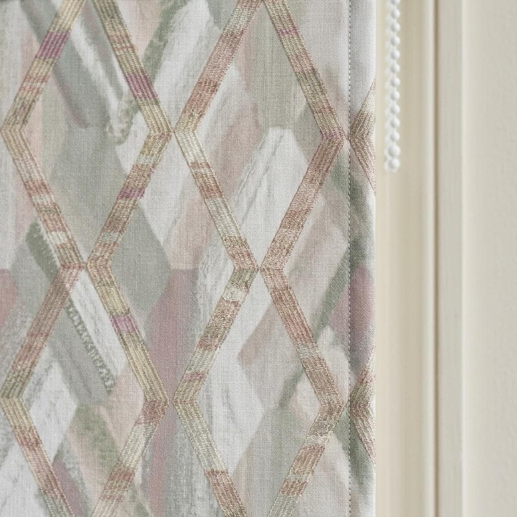 Blush Pink & Gray Linen Roman Shade, Geometric Embroidered Trellis, Custom Blackout or Light Filtering Blind — image 5