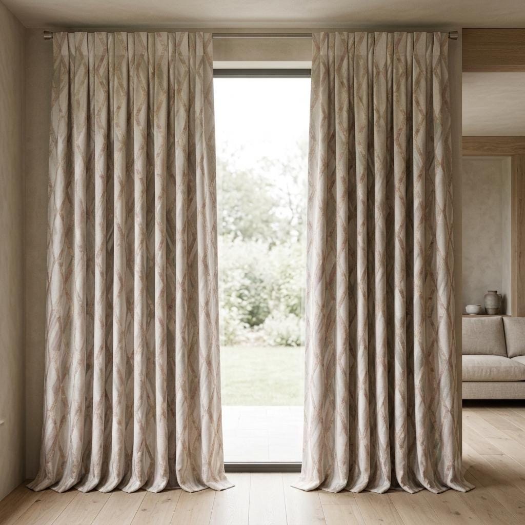 Silver Grey & Blush Pure Linen Embroidered Curtains, Champagne Geometric Trellis, Custom Extra Long Blackout Drapes — image 9