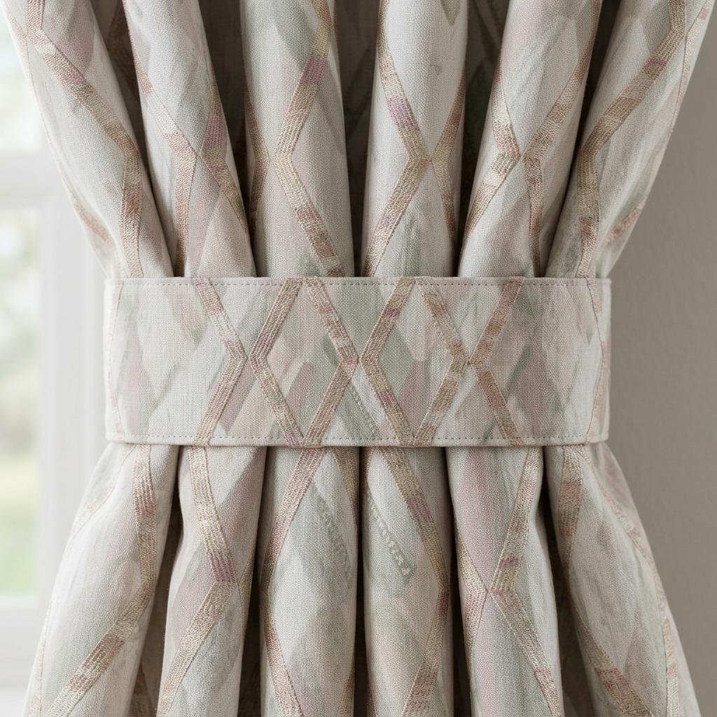 Silver Grey & Blush Pure Linen Embroidered Curtains, Champagne Geometric Trellis, Custom Extra Long Blackout Drapes — image 3