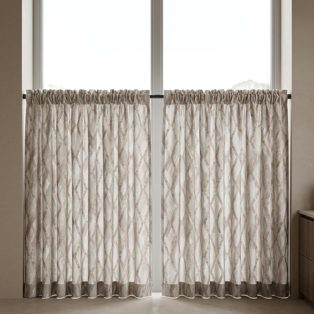 Silver Grey & Blush Pure Linen Embroidered Curtains, Champagne Geometric Trellis, Custom Extra Long Blackout Drapes — image 10